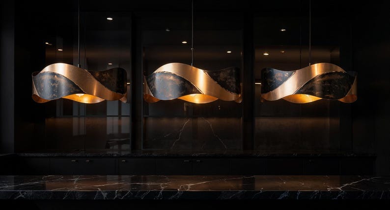 Wavy Black and Copper Pendant Light, Handmade Moroccan Sculptural Copper Chandelier, Rustic Kitchen Island Hanging Lamp, Modern Farmhouse Dining Room Ceiling Light Fixture