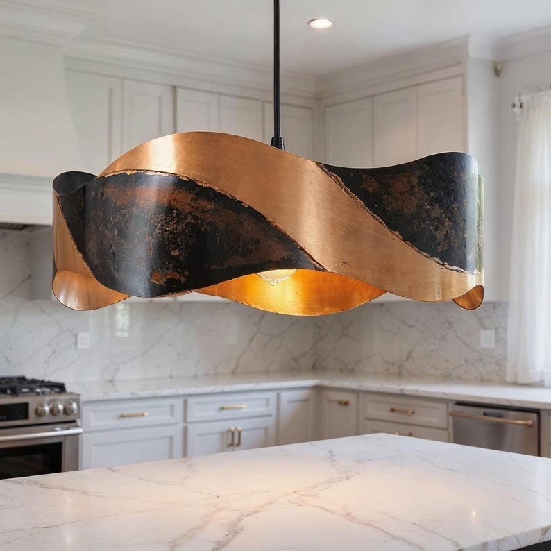 Wavy Black and Copper Pendant Light, Handmade Moroccan Sculptural Copper Chandelier, Rustic Kitchen Island Hanging Lamp, Modern Farmhouse Dining Room Ceiling Light Fixture