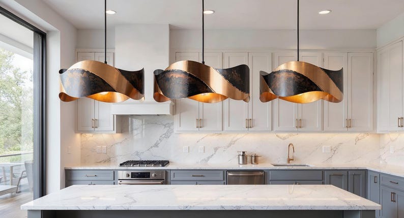 Wavy Black and Copper Pendant Light, Handmade Moroccan Sculptural Copper Chandelier, Rustic Kitchen Island Hanging Lamp, Modern Farmhouse Dining Room Ceiling Light Fixture