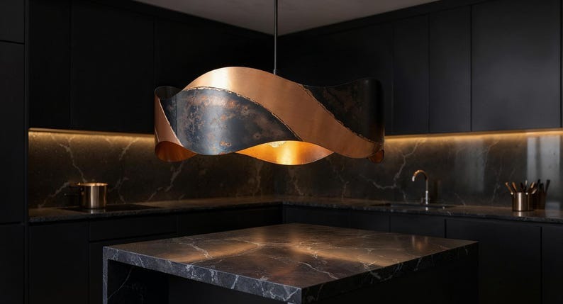 Wavy Black and Copper Pendant Light, Handmade Moroccan Sculptural Copper Chandelier, Rustic Kitchen Island Hanging Lamp, Modern Farmhouse Dining Room Ceiling Light Fixture