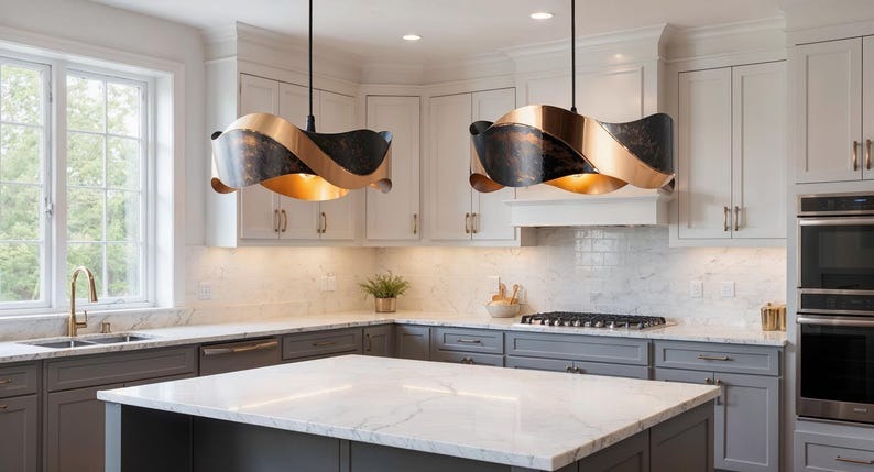 Wavy Black and Copper Pendant Light, Handmade Moroccan Sculptural Copper Chandelier, Rustic Kitchen Island Hanging Lamp, Modern Farmhouse Dining Room Ceiling Light Fixture