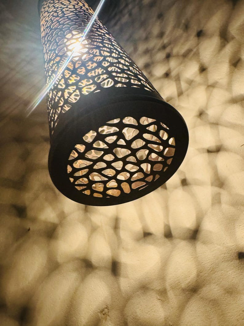 Moroccan Pierced Tall Cylinder Pendant Light, Handmade Moorish Cutout Hanging Lamp, Boho Arabic Shadow Lantern, Rustic Black Metal Ceiling Light Fixture
