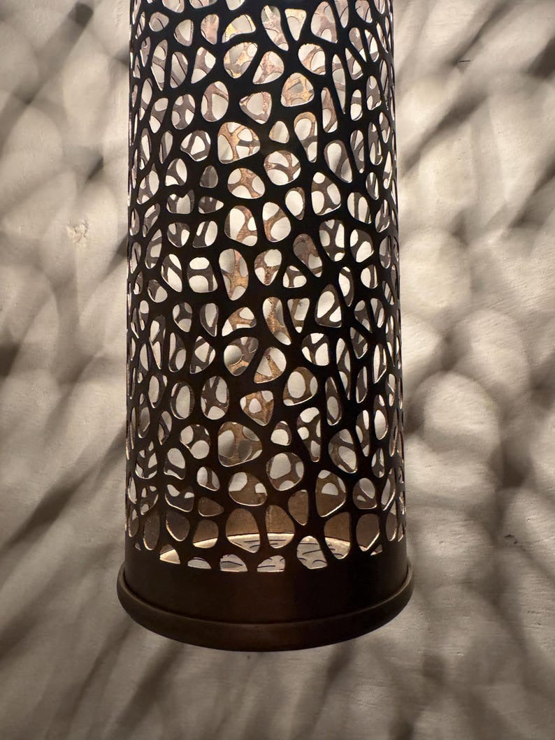 Moroccan Pierced Tall Cylinder Pendant Light, Handmade Moorish Cutout Hanging Lamp, Boho Arabic Shadow Lantern, Rustic Black Metal Ceiling Light Fixture
