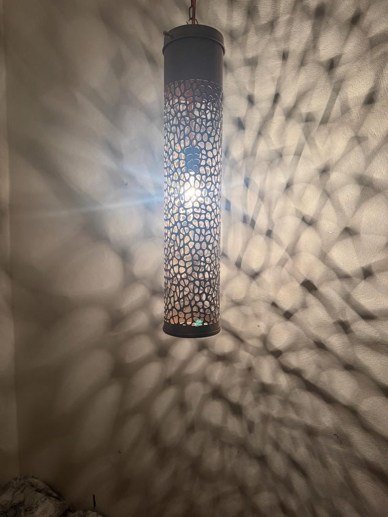 Moroccan Pierced Tall Cylinder Pendant Light, Handmade Moorish Cutout Hanging Lamp, Boho Arabic Shadow Lantern, Rustic Black Metal Ceiling Light Fixture