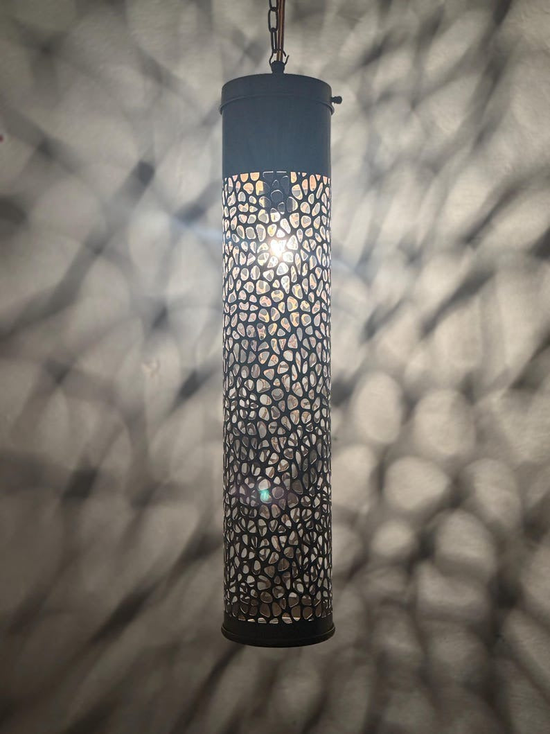 Moroccan Pierced Tall Cylinder Pendant Light, Handmade Moorish Cutout Hanging Lamp, Boho Arabic Shadow Lantern, Rustic Black Metal Ceiling Light Fixture