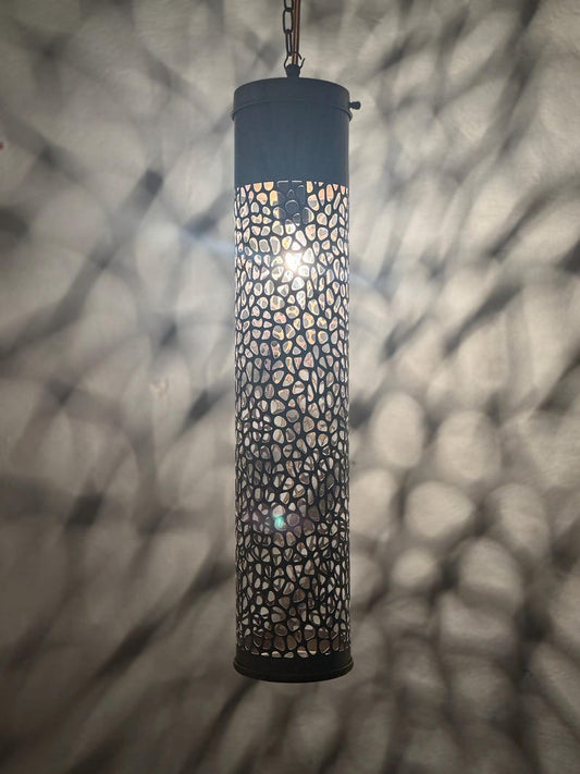 Moroccan Pierced Tall Cylinder Pendant Light, Handmade Moorish Cutout Hanging Lamp, Boho Arabic Shadow Lantern, Rustic Black Metal Ceiling Light Fixture