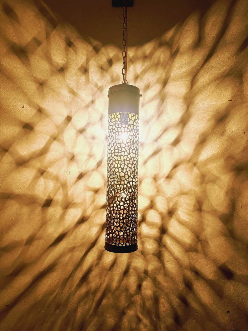 Moroccan Pierced Tall Cylinder Pendant Light, Handmade Moorish Cutout Hanging Lamp, Boho Arabic Shadow Lantern, Rustic Black Metal Ceiling Light Fixture