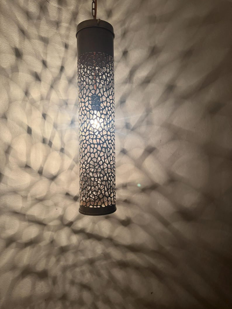 Moroccan Pierced Tall Cylinder Pendant Light, Handmade Moorish Cutout Hanging Lamp, Boho Arabic Shadow Lantern, Rustic Black Metal Ceiling Light Fixture