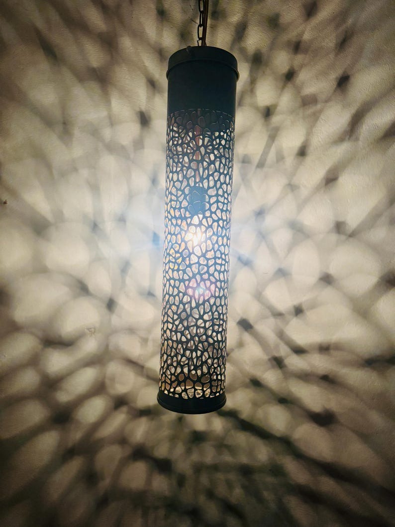 Moroccan Pierced Tall Cylinder Pendant Light, Handmade Moorish Cutout Hanging Lamp, Boho Arabic Shadow Lantern, Rustic Black Metal Ceiling Light Fixture