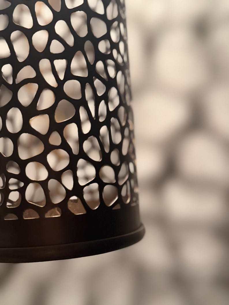Moroccan Pierced Tall Cylinder Pendant Light, Handmade Moorish Cutout Hanging Lamp, Boho Arabic Shadow Lantern, Rustic Black Metal Ceiling Light Fixture
