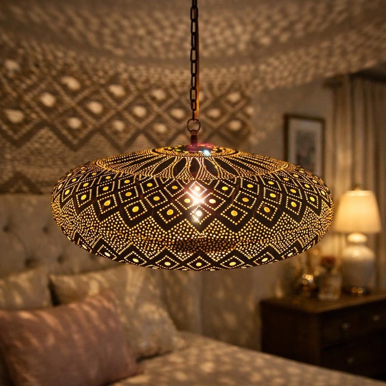 Moroccan Pierced Brass Dome Pendant Light, Handmade Moorish Diamond Pattern Chandelier, Boho Arabic Shadow Lamp, Luxury Gold Filigree Ceiling Light Fixture