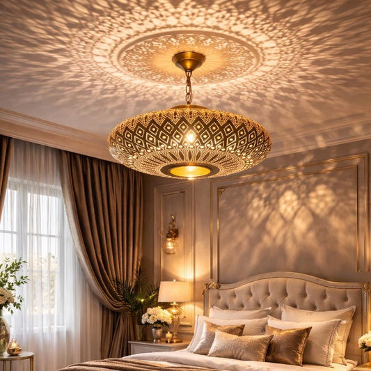 Moroccan Pierced Brass Dome Pendant Light, Handmade Moorish Diamond Pattern Chandelier, Boho Arabic Shadow Lamp, Luxury Gold Filigree Ceiling Light Fixture