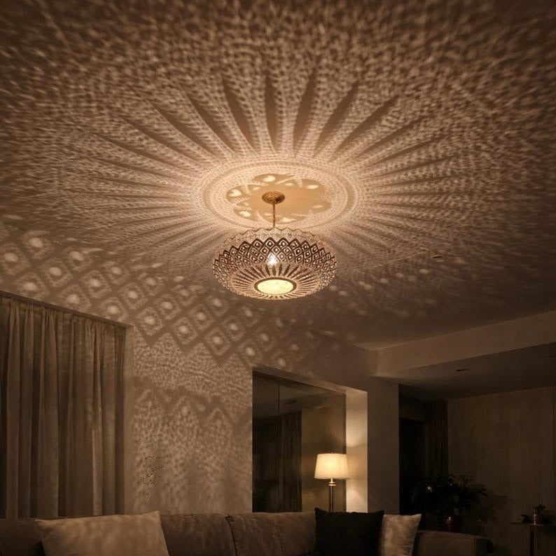 Moroccan Pierced Brass Dome Pendant Light, Handmade Moorish Diamond Pattern Chandelier, Boho Arabic Shadow Lamp, Luxury Gold Filigree Ceiling Light Fixture