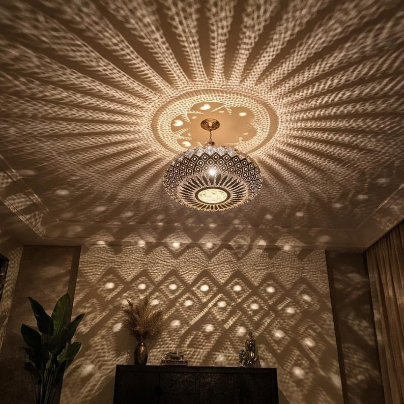 Moroccan Pierced Brass Dome Pendant Light, Handmade Moorish Diamond Pattern Chandelier, Boho Arabic Shadow Lamp, Luxury Gold Filigree Ceiling Light Fixture