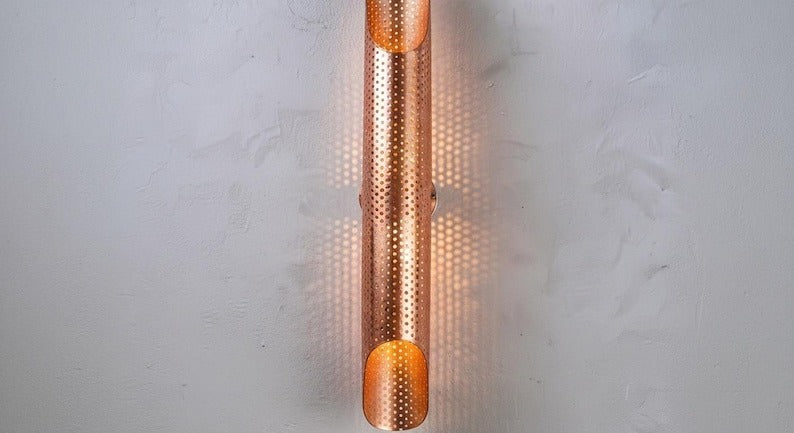 Handmade Moroccan Brass Wall Sconce – Tall Green Verdigris Patina Up and Down Wall Light with Warm Gold Interior, Modern Sculptural Lamp for Bedroom, Hallway, Entryway & Living Room