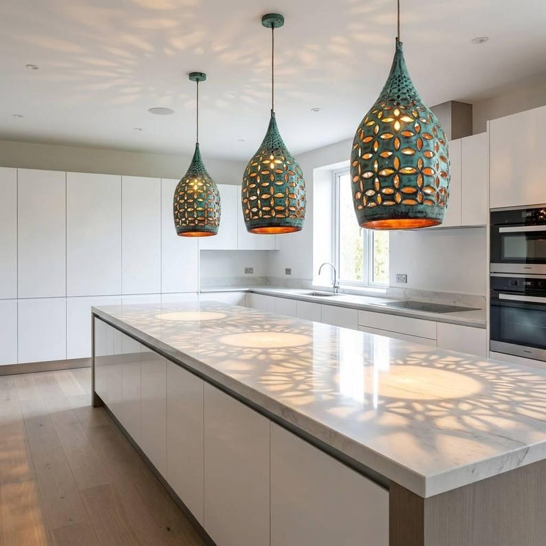 Handmade Moroccan Brass Teardrop Pendant Light – Pierced Green Verdigris Patina Hanging Lamp with Floral Cutouts and Warm Copper Interior, Boho Moorish Ceiling Light for Kitchen Island, Dining Room, Bedroom & Entryway