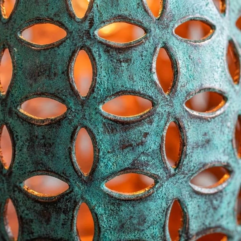 Handmade Moroccan Brass Teardrop Pendant Light – Pierced Green Verdigris Patina Hanging Lamp with Floral Cutouts and Warm Copper Interior, Boho Moorish Ceiling Light for Kitchen Island, Dining Room, Bedroom & Entryway