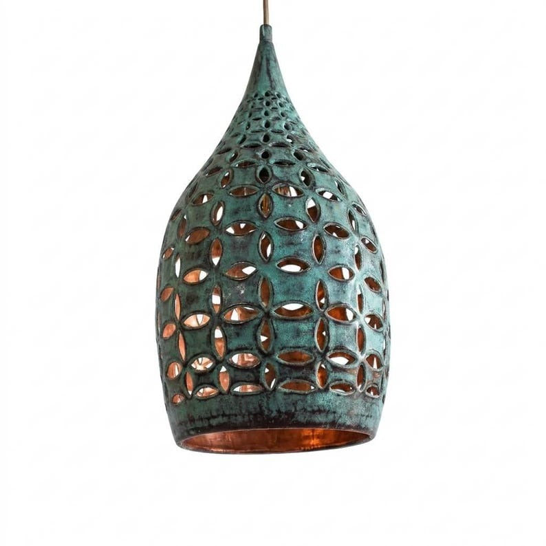Handmade Moroccan Brass Teardrop Pendant Light – Pierced Green Verdigris Patina Hanging Lamp with Floral Cutouts and Warm Copper Interior, Boho Moorish Ceiling Light for Kitchen Island, Dining Room, Bedroom & Entryway