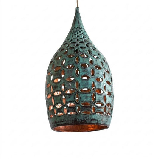 Handmade Moroccan Brass Teardrop Pendant Light – Pierced Green Verdigris Patina Hanging Lamp with Floral Cutouts and Warm Copper Interior, Boho Moorish Ceiling Light for Kitchen Island, Dining Room, Bedroom & Entryway