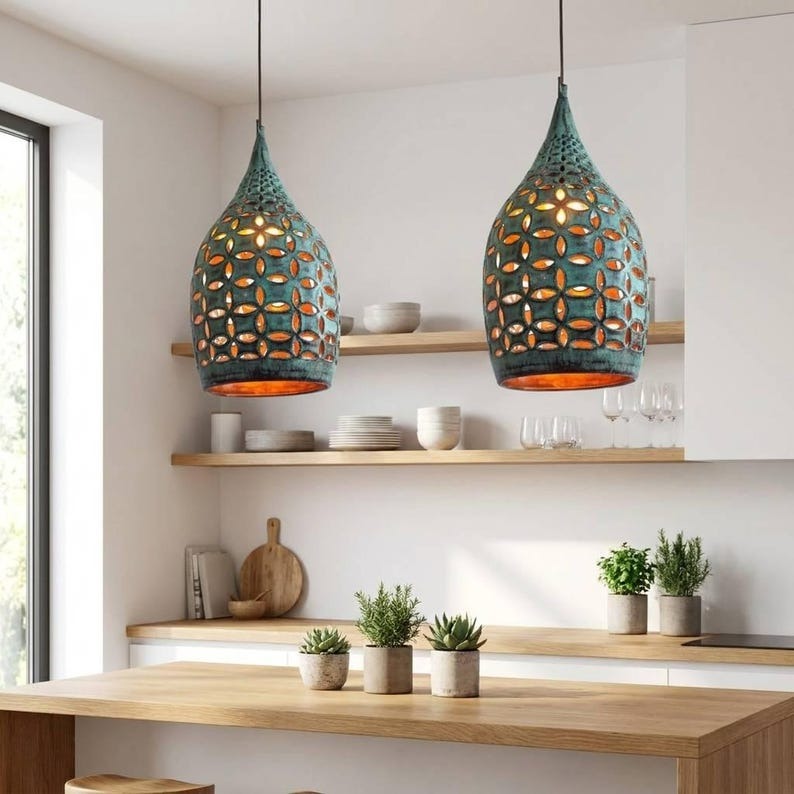 Handmade Moroccan Brass Teardrop Pendant Light – Pierced Green Verdigris Patina Hanging Lamp with Floral Cutouts and Warm Copper Interior, Boho Moorish Ceiling Light for Kitchen Island, Dining Room, Bedroom & Entryway