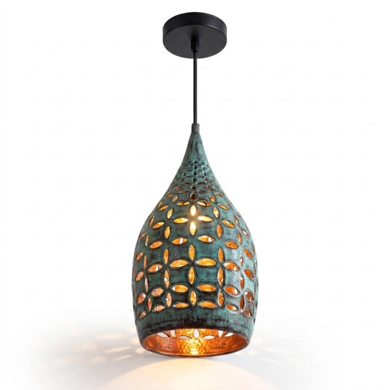 Handmade Moroccan Brass Teardrop Pendant Light – Pierced Green Verdigris Patina Hanging Lamp with Floral Cutouts and Warm Copper Interior, Boho Moorish Ceiling Light for Kitchen Island, Dining Room, Bedroom & Entryway