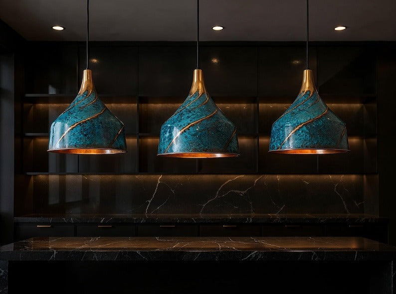 Blue Patina Spiral Copper Pendant Light, Handmade Moroccan Turquoise Verdigris Hanging Lamp, Rustic Copper Kitchen Island Chandelier, Boho Farmhouse Ceiling Light Fixture