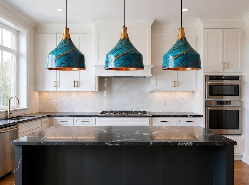 Blue Patina Spiral Copper Pendant Light, Handmade Moroccan Turquoise Verdigris Hanging Lamp, Rustic Copper Kitchen Island Chandelier, Boho Farmhouse Ceiling Light Fixture