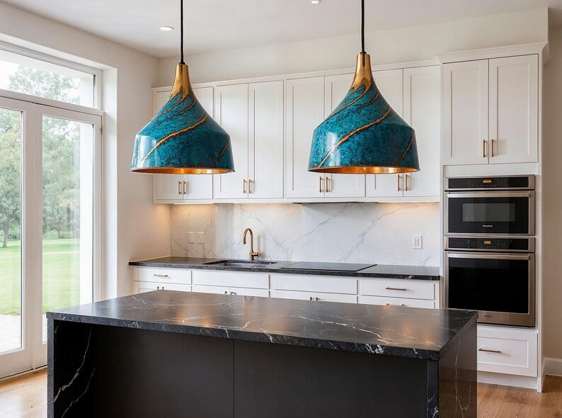 Blue Patina Spiral Copper Pendant Light, Handmade Moroccan Turquoise Verdigris Hanging Lamp, Rustic Copper Kitchen Island Chandelier, Boho Farmhouse Ceiling Light Fixture