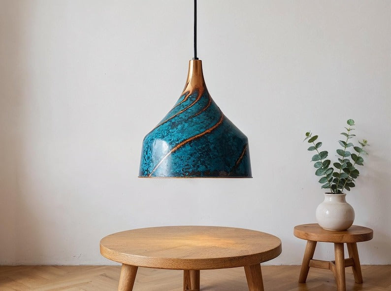 Blue Patina Spiral Copper Pendant Light, Handmade Moroccan Turquoise Verdigris Hanging Lamp, Rustic Copper Kitchen Island Chandelier, Boho Farmhouse Ceiling Light Fixture