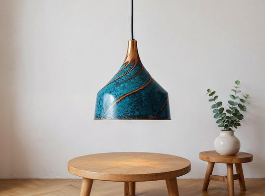 Blue Patina Spiral Copper Pendant Light, Handmade Moroccan Turquoise Verdigris Hanging Lamp, Rustic Copper Kitchen Island Chandelier, Boho Farmhouse Ceiling Light Fixture