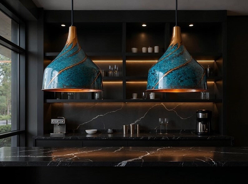 Blue Patina Spiral Copper Pendant Light, Handmade Moroccan Turquoise Verdigris Hanging Lamp, Rustic Copper Kitchen Island Chandelier, Boho Farmhouse Ceiling Light Fixture