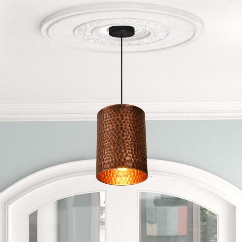 Handmade Hammered Brass Pendant Light – Moroccan Copper Cylinder Hanging Lamp with Warm Gold Interior for Kitchen Island, Dining Room & Boho Home Décor