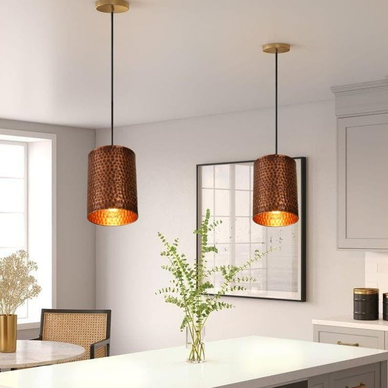Handmade Hammered Brass Pendant Light – Moroccan Copper Cylinder Hanging Lamp with Warm Gold Interior for Kitchen Island, Dining Room & Boho Home Décor