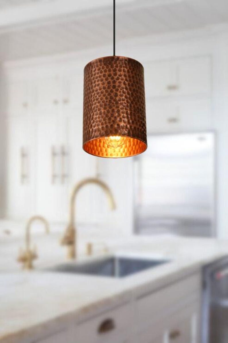 Handmade Hammered Brass Pendant Light – Moroccan Copper Cylinder Hanging Lamp with Warm Gold Interior for Kitchen Island, Dining Room & Boho Home Décor