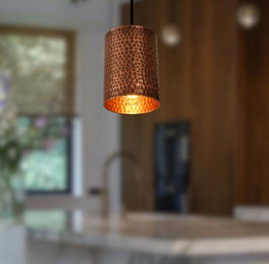 Handmade Hammered Brass Pendant Light – Moroccan Copper Cylinder Hanging Lamp with Warm Gold Interior for Kitchen Island, Dining Room & Boho Home Décor