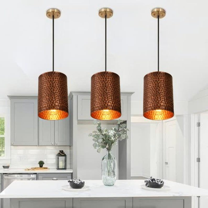 Handmade Hammered Brass Pendant Light – Moroccan Copper Cylinder Hanging Lamp with Warm Gold Interior for Kitchen Island, Dining Room & Boho Home Décor
