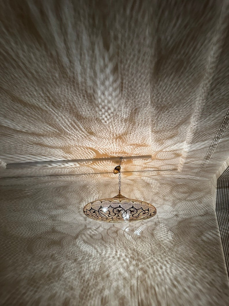 Moroccan Brass Pierced Dome Pendant Light, Handmade Moorish Shadow Chandelier, Boho Arabic Hanging Lamp, Gold Filigree Ceiling Light Fixture
