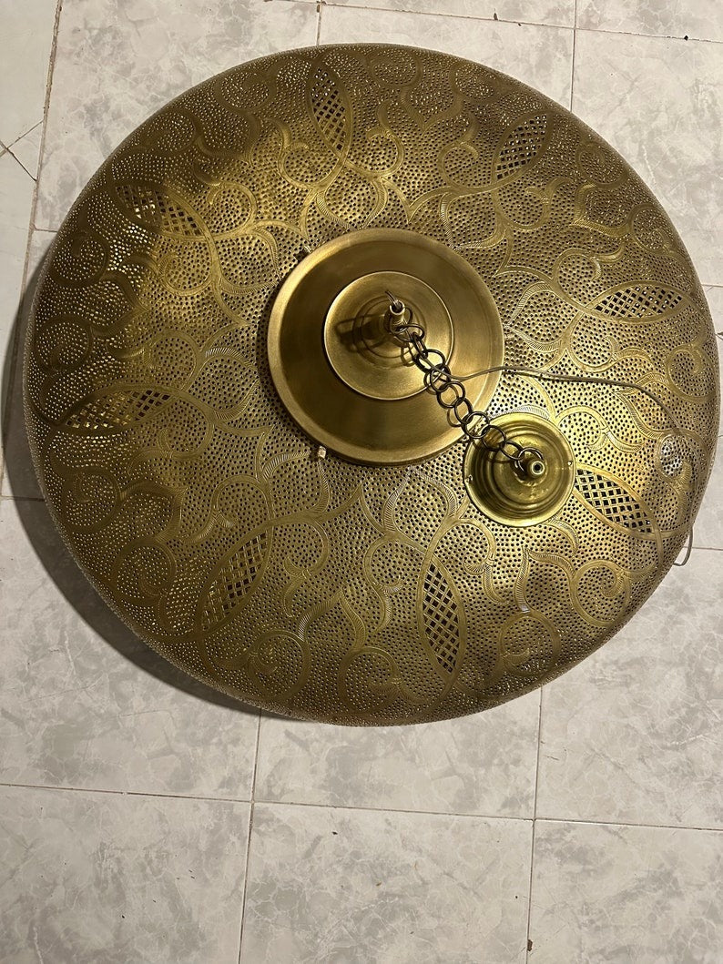Moroccan Brass Pierced Dome Pendant Light, Handmade Moorish Shadow Chandelier, Boho Arabic Hanging Lamp, Gold Filigree Ceiling Light Fixture