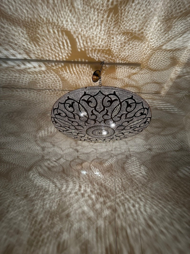 Moroccan Brass Pierced Dome Pendant Light, Handmade Moorish Shadow Chandelier, Boho Arabic Hanging Lamp, Gold Filigree Ceiling Light Fixture