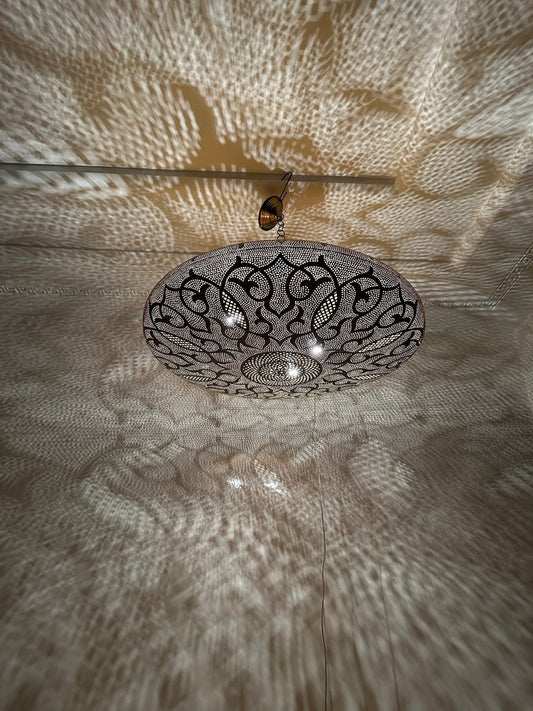 Moroccan Brass Pierced Dome Pendant Light, Handmade Moorish Shadow Chandelier, Boho Arabic Hanging Lamp, Gold Filigree Ceiling Light Fixture