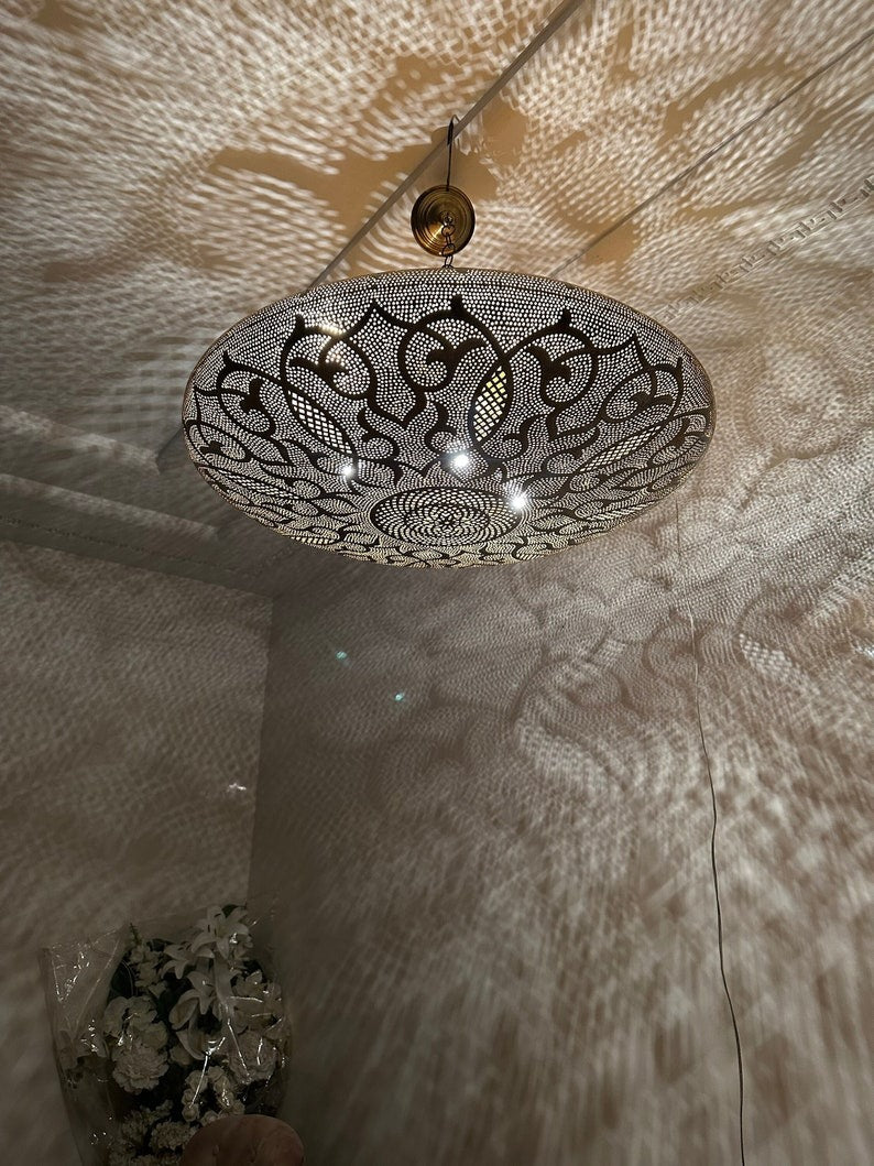 Moroccan Brass Pierced Dome Pendant Light, Handmade Moorish Shadow Chandelier, Boho Arabic Hanging Lamp, Gold Filigree Ceiling Light Fixture