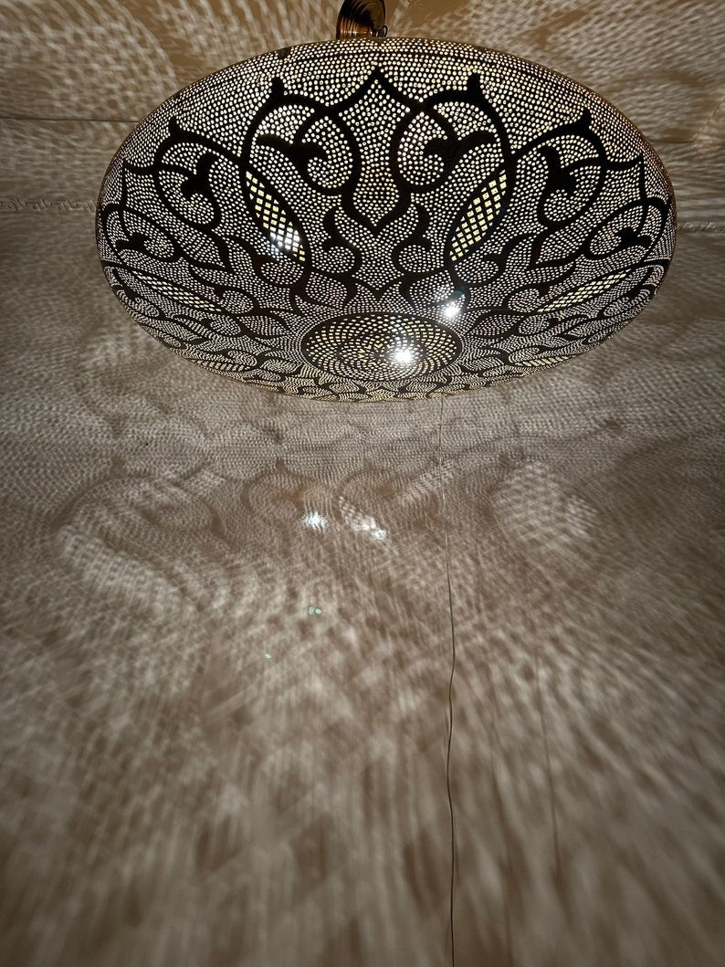 Moroccan Brass Pierced Dome Pendant Light, Handmade Moorish Shadow Chandelier, Boho Arabic Hanging Lamp, Gold Filigree Ceiling Light Fixture