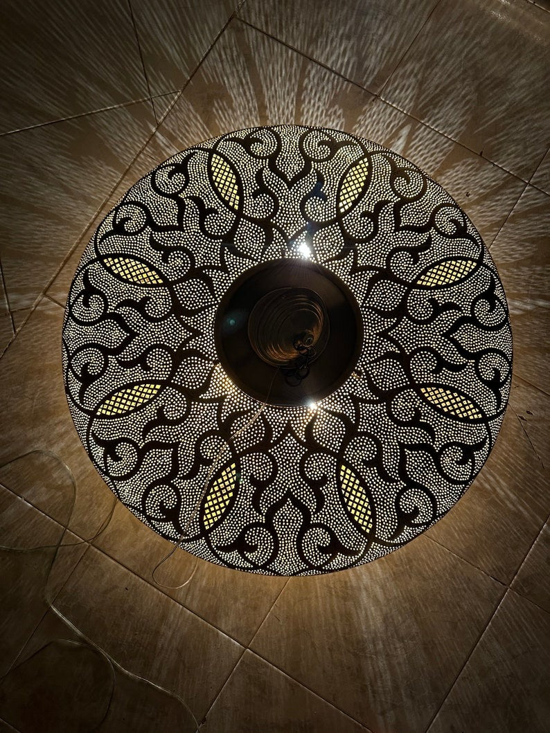 Moroccan Brass Pierced Dome Pendant Light, Handmade Moorish Shadow Chandelier, Boho Arabic Hanging Lamp, Gold Filigree Ceiling Light Fixture