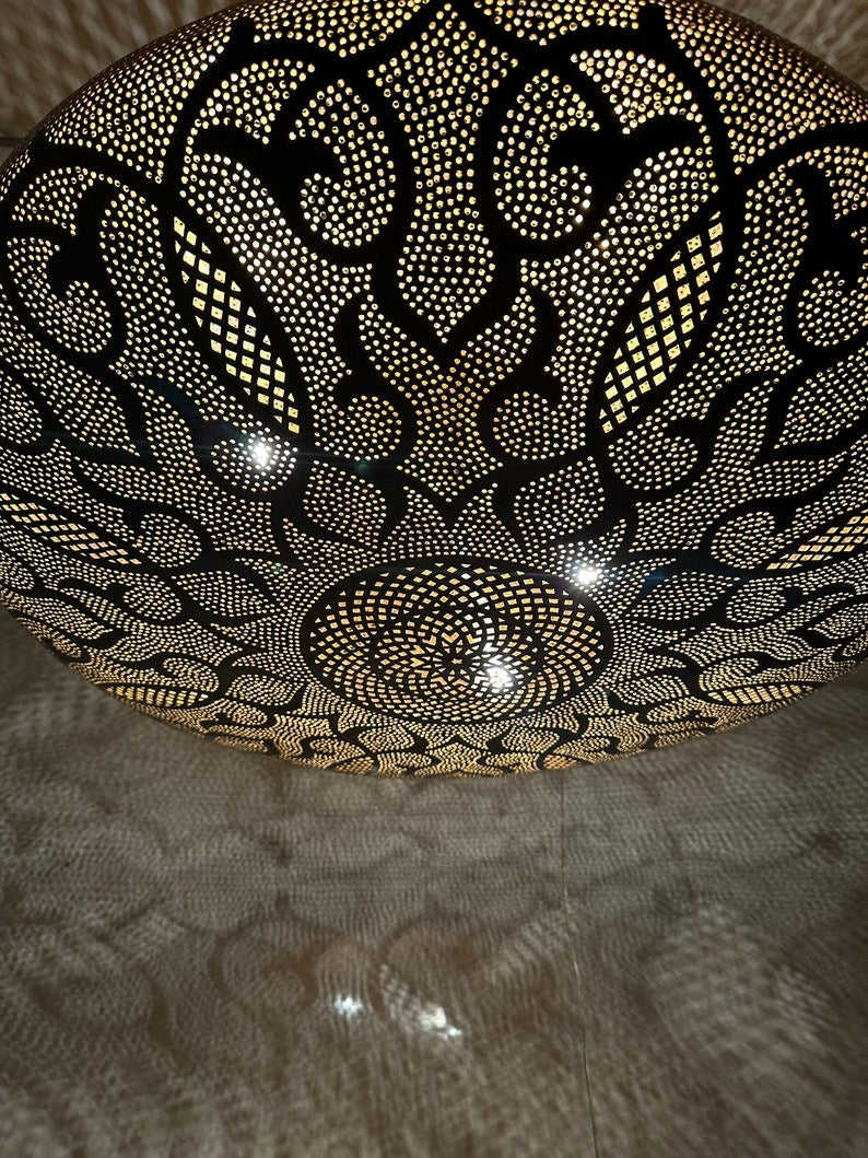 Moroccan Brass Pierced Dome Pendant Light, Handmade Moorish Shadow Chandelier, Boho Arabic Hanging Lamp, Gold Filigree Ceiling Light Fixture