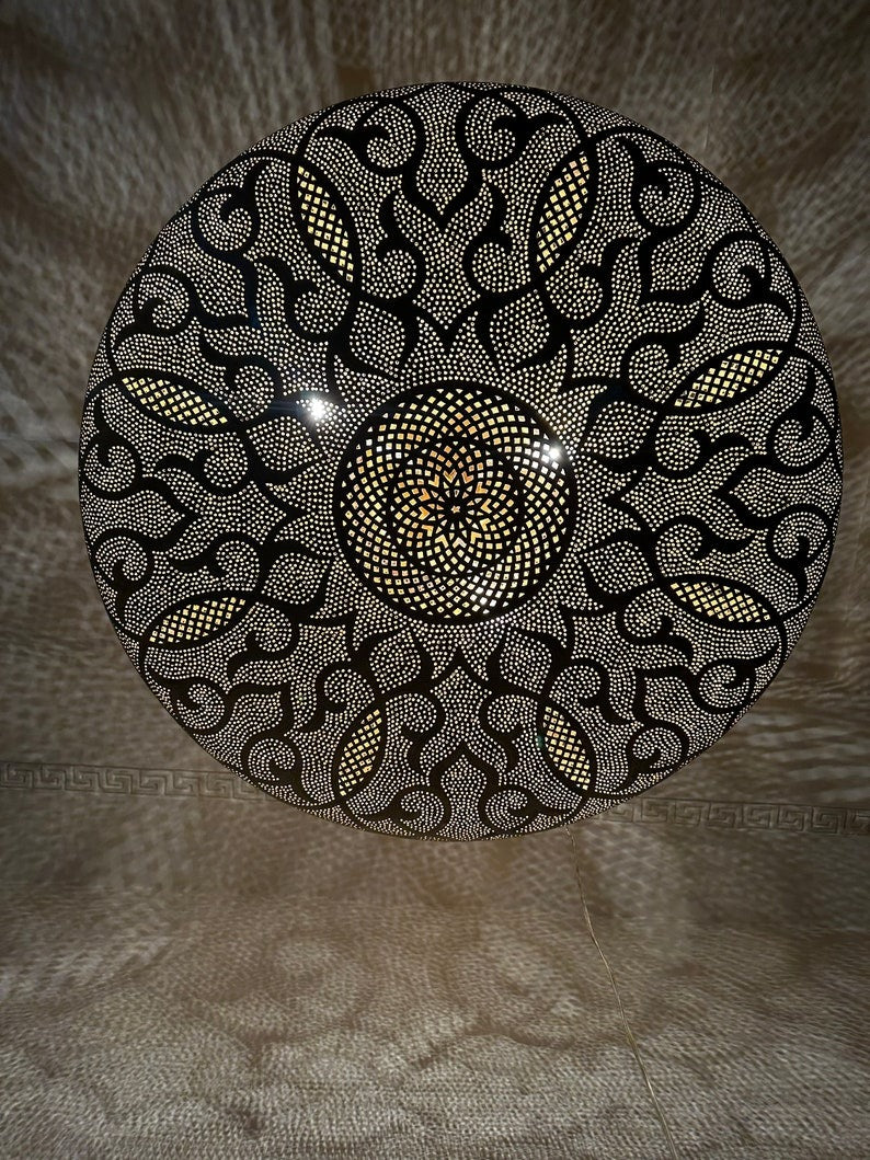 Moroccan Brass Pierced Dome Pendant Light, Handmade Moorish Shadow Chandelier, Boho Arabic Hanging Lamp, Gold Filigree Ceiling Light Fixture
