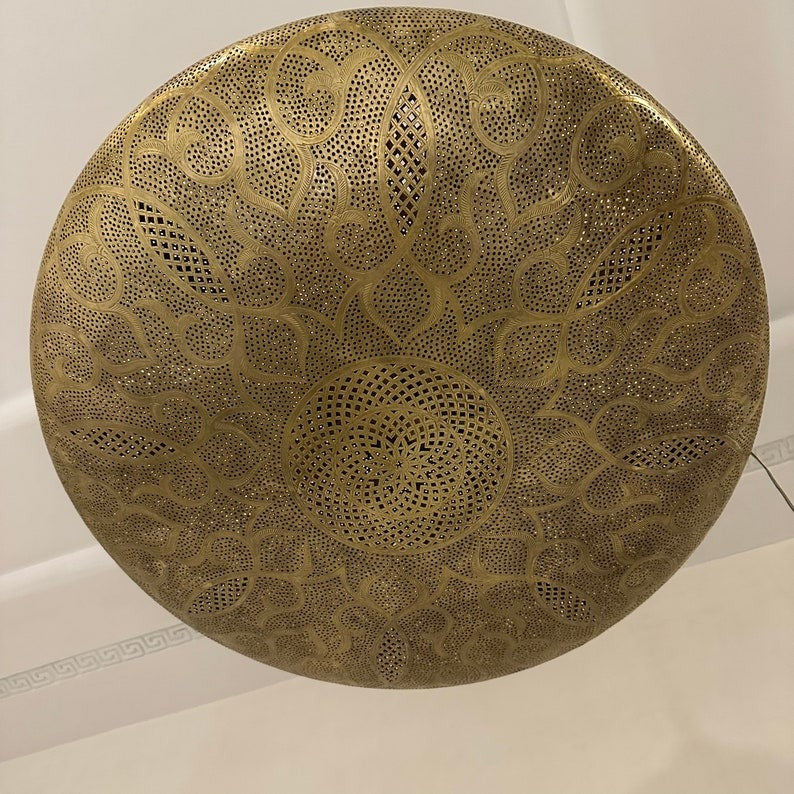 Moroccan Brass Pierced Dome Pendant Light, Handmade Moorish Shadow Chandelier, Boho Arabic Hanging Lamp, Gold Filigree Ceiling Light Fixture