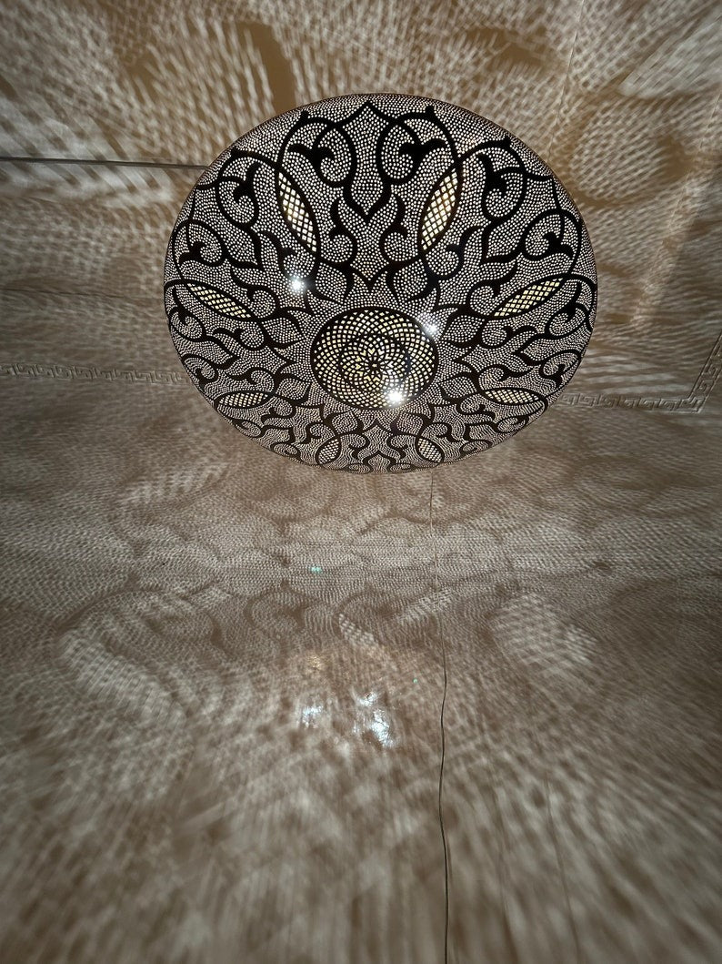Moroccan Brass Pierced Dome Pendant Light, Handmade Moorish Shadow Chandelier, Boho Arabic Hanging Lamp, Gold Filigree Ceiling Light Fixture