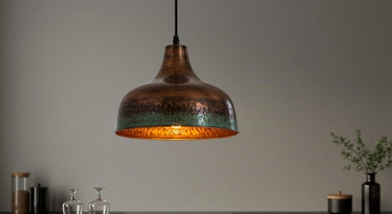 Aged Copper Patina Pendant Light, Handmade Moroccan Copper Dome Chandelier, Rustic Verdigris Kitchen Island Hanging Lamp, Vintage Boho Farmhouse Ceiling Light Fixture