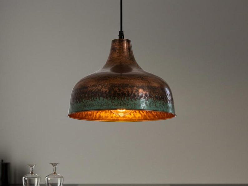 Aged Copper Patina Pendant Light, Handmade Moroccan Copper Dome Chandelier, Rustic Verdigris Kitchen Island Hanging Lamp, Vintage Boho Farmhouse Ceiling Light Fixture