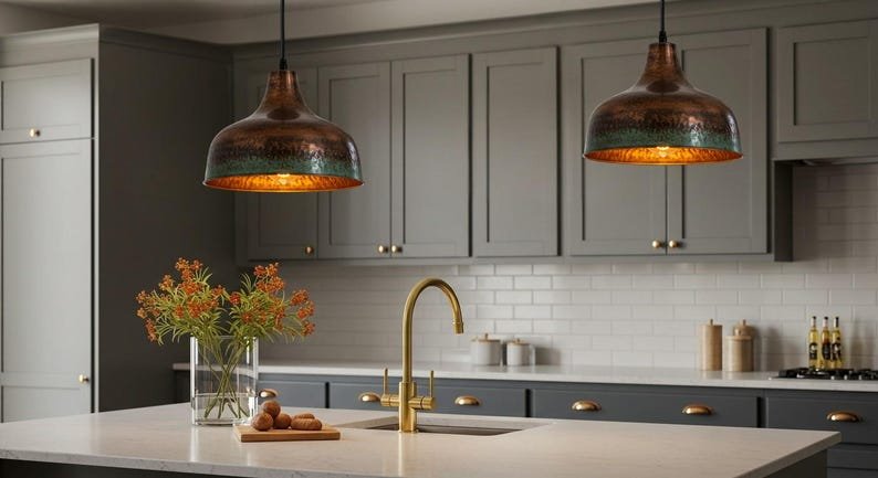 Aged Copper Patina Pendant Light, Handmade Moroccan Copper Dome Chandelier, Rustic Verdigris Kitchen Island Hanging Lamp, Vintage Boho Farmhouse Ceiling Light Fixture